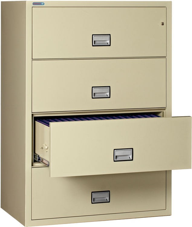 A filing cabinet with four drawers and one drawer open