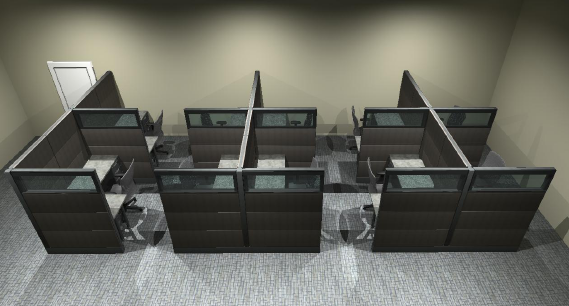 An aerial view of a room with cubicles and chairs
