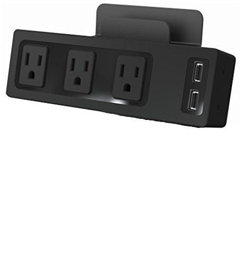 A black power strip with three outlets and two usb ports
