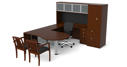 A desk with a chair and two chairs in front of it on a white background.