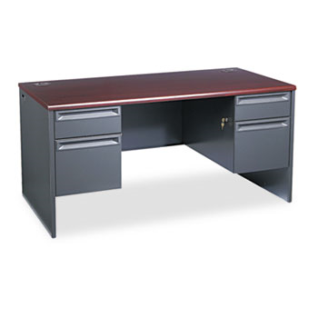 A desk with a wooden top and drawers on a white background.