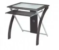 A small black desk with a glass top and a keyboard tray.