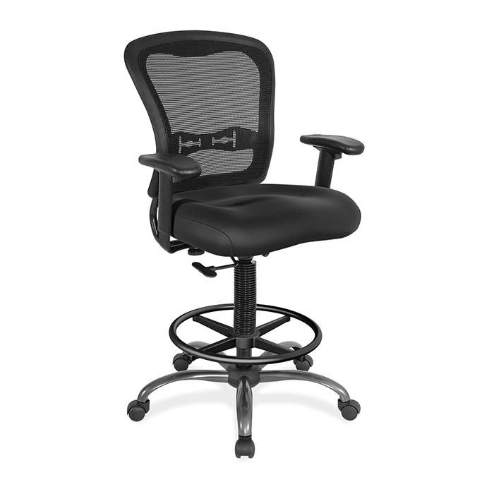 A black office task stool with a mesh back and arm rests on a white background.