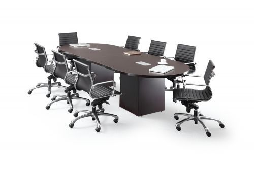 A conference table with chairs around it on a white background.