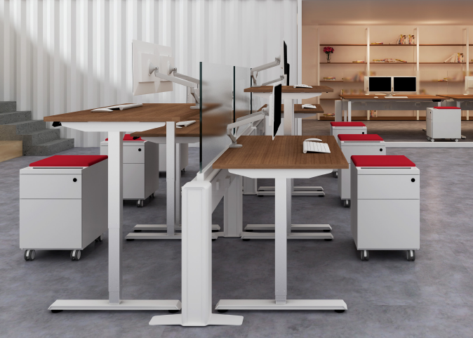 A row of standing desks in an office