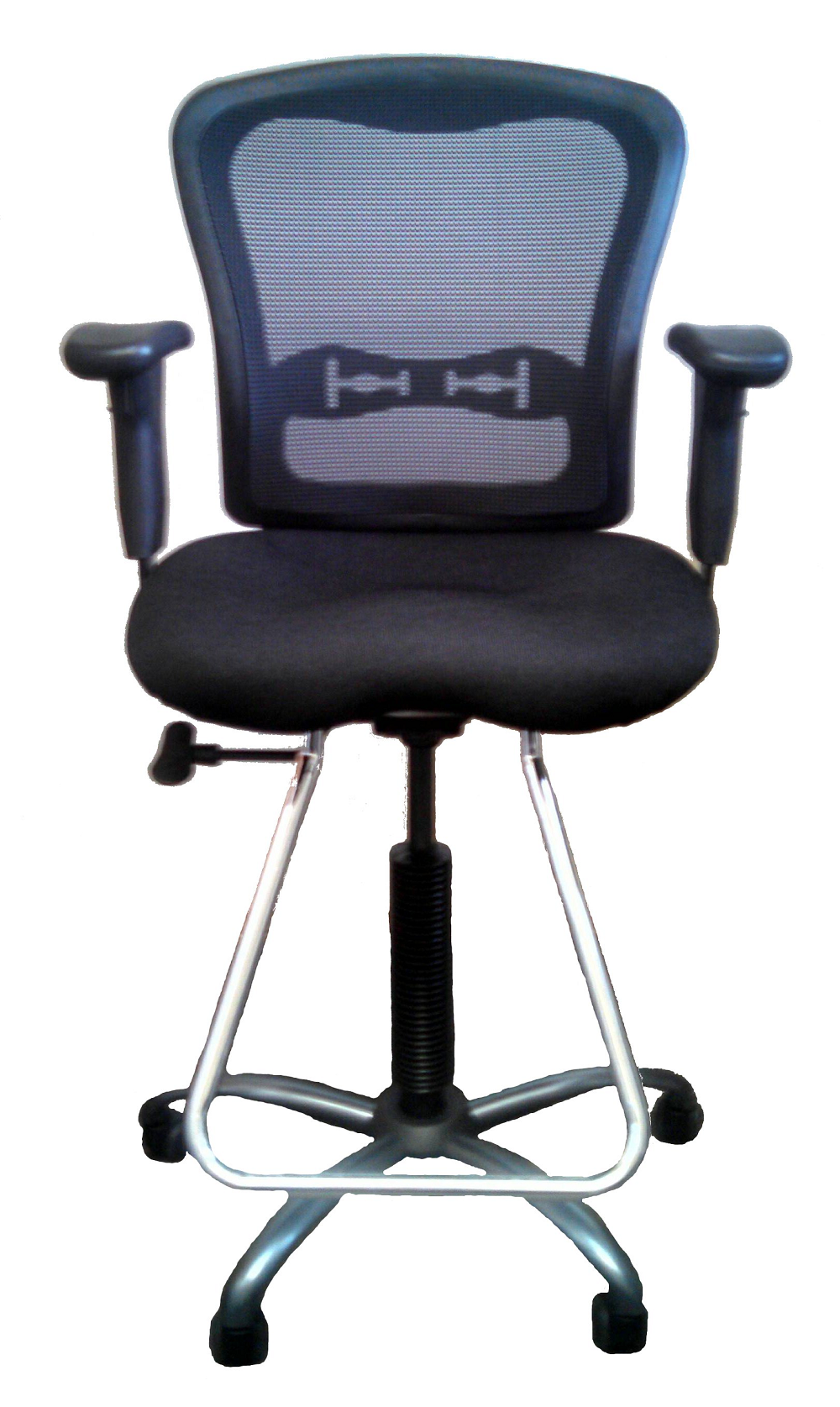 A black office chair with a mesh back and arm rests