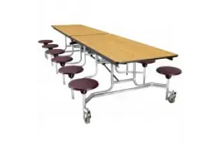 A long table with stools attached to it on a white background.