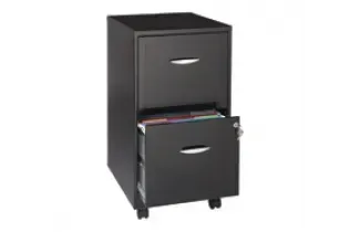 A black filing cabinet with two drawers and a lock