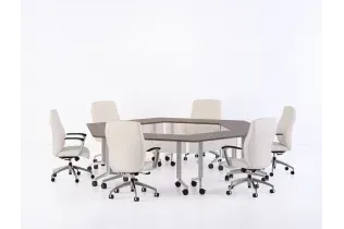 A round conference table with white chairs around it on a white background.