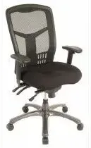 A black office chair with a mesh back and arm rests on a white background.