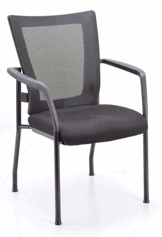 A black chair with a mesh back and arm rests on a white background.
