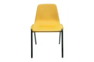 A yellow plastic chair with black legs on a white background.