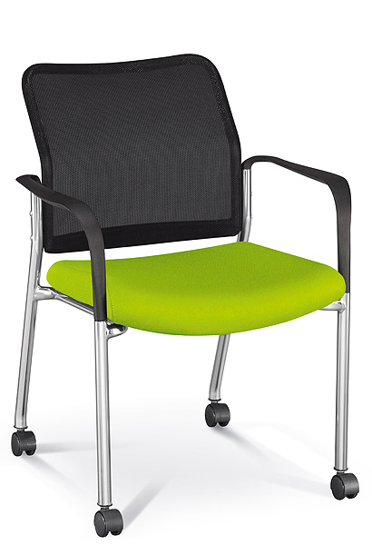 A chair with wheels and a green seat on a white background.