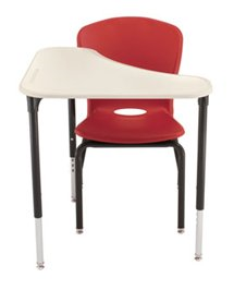 A white desk with a red chair next to it on a white background.