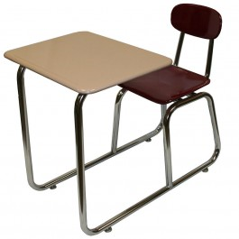 A desk with a chair attached to it on a white background