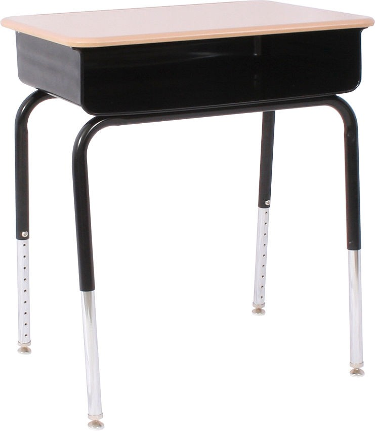 A school desk with a wooden top and metal legs