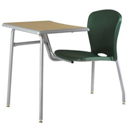 A wooden desk with a green chair next to it