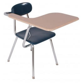 A school chair with a desk attached to it