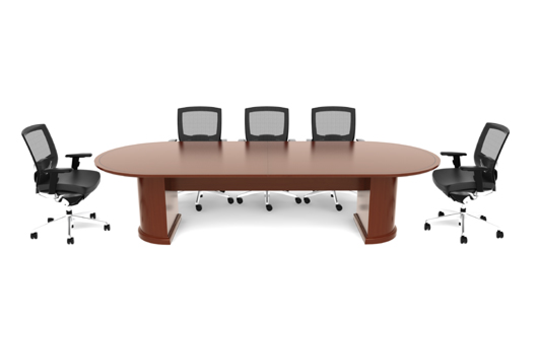 A conference table with four chairs around it on a white background.