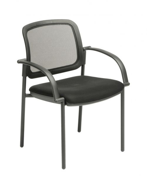 A black chair with a mesh back on a white background