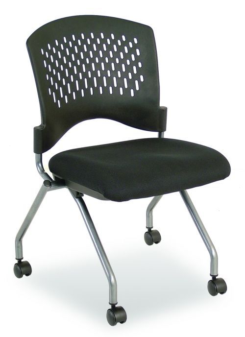 A black chair with wheels on a white background
