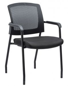 A black chair with a mesh back and arm rests on a white background.