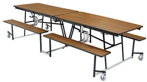A wooden picnic table with two benches on wheels on a white background.