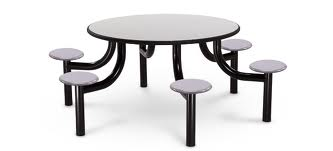 A round table with four stools attached to it on a white background.