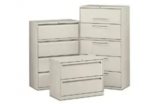 A group of filing cabinets are stacked on top of each other on a white background.