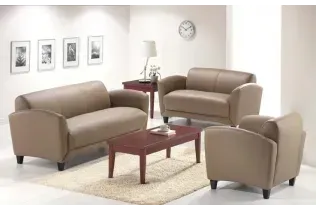 A living room with a couch , two chairs , a coffee table and a clock on the wall.