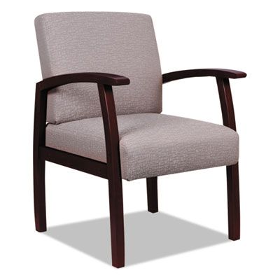 A grey chair with wooden arm rests on a white background
