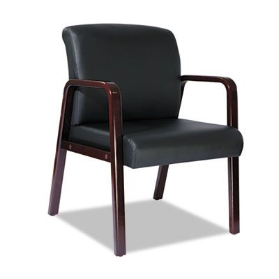 A black leather chair with wooden arm rests on a white background