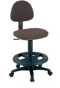 A black office chair with wheels on a white background