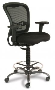 A black office chair with wheels and arm rests on a white background.