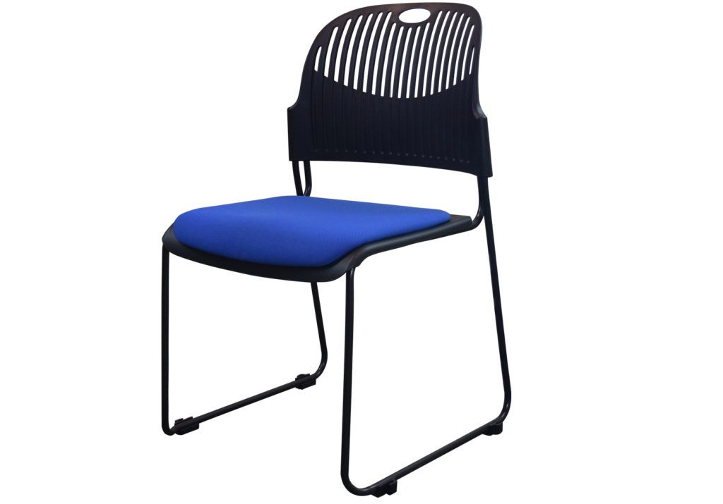 A black chair with a blue cushion on a white background.