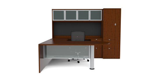 A desk with a chair and a laptop on it