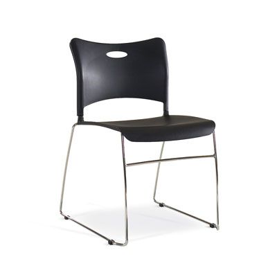A black plastic chair with a metal frame on a white background.