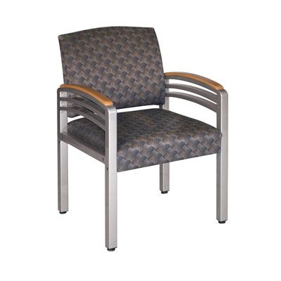 A grey chair with wooden arm rests on a white background