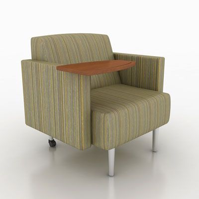 A chair with a wooden table attached to it.