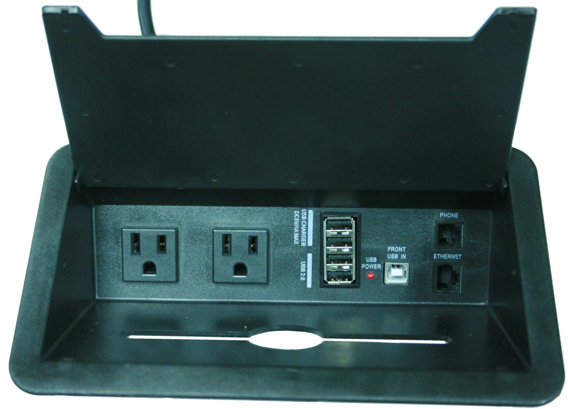 A black box with two electrical outlets and a usb port