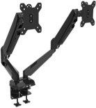 A picture of a monitor mount with two monitors attached to it.