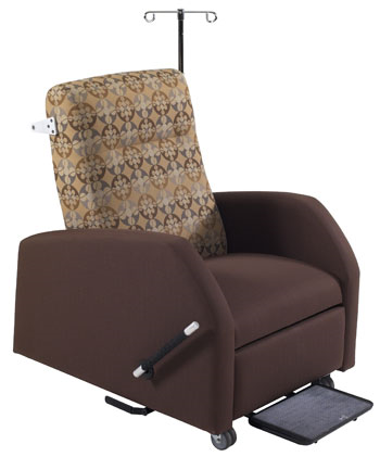 A brown recliner with an iv pole attached to it