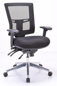 A black office chair with a mesh back and arm rests on a white background.