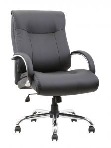 A black leather office chair with chrome wheels on a white background.
