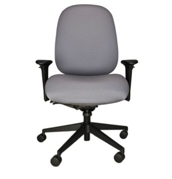A grey office chair with black wheels on a white background