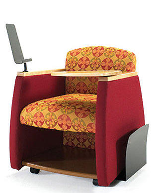 A red and yellow chair with a desk attached to it