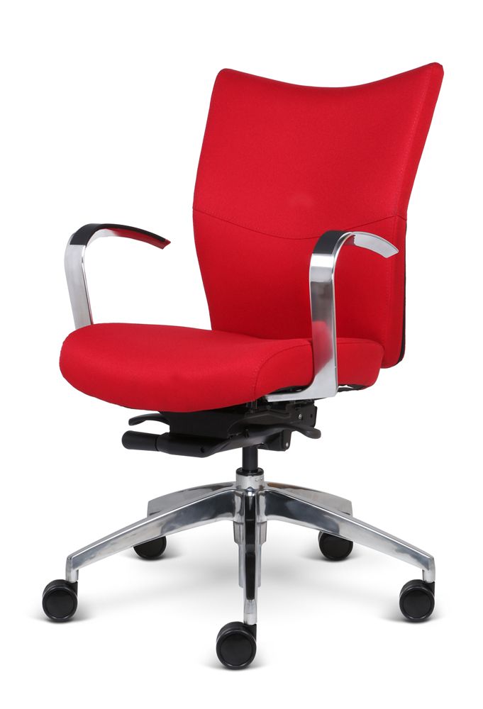 A red office chair with black wheels on a white background