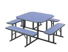 A blue picnic table with benches on a white background.