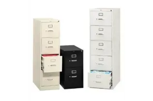 Three filing cabinets are stacked on top of each other on a white background.