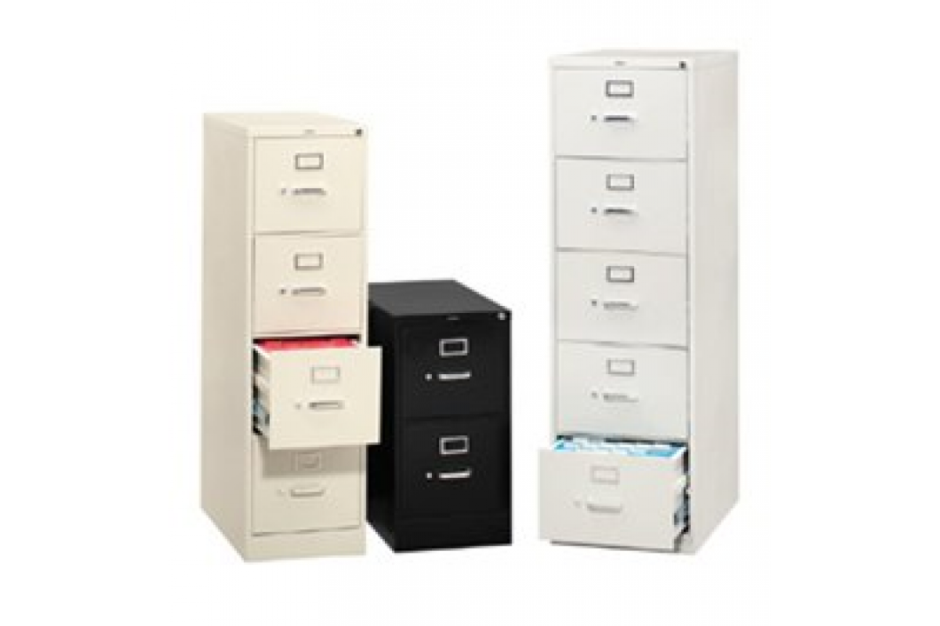 Three filing cabinets are stacked on top of each other on a white background.